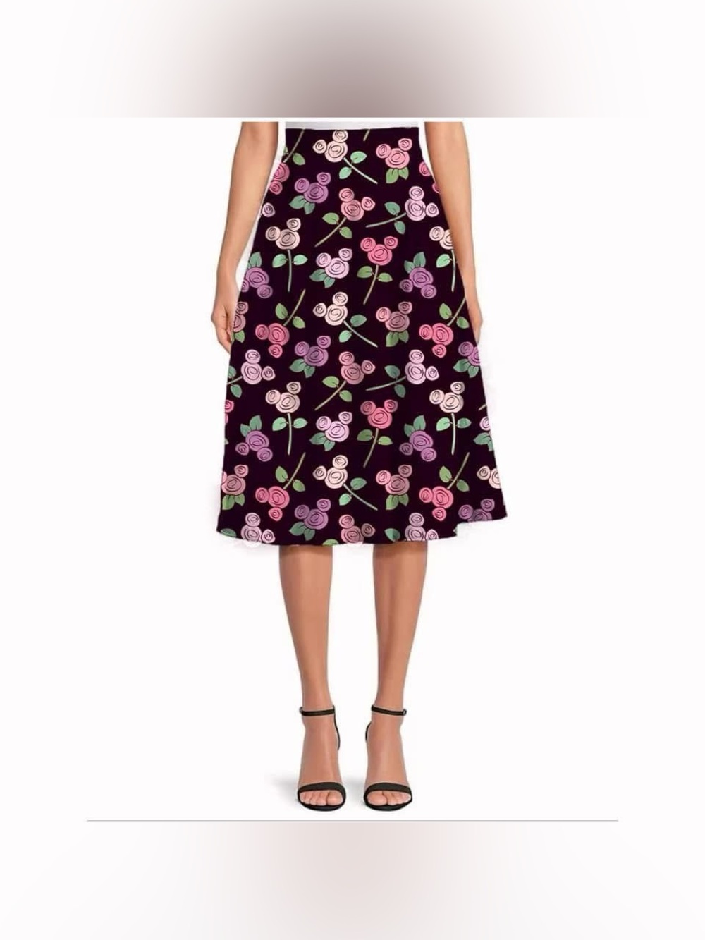 NWOT- Floral A-Line Midi Skirt - Black with Pink Floral Mickey Head  Print